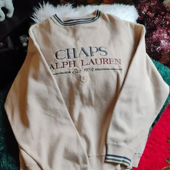 Chaps Ralph Lauren Beige Logo Crewneck Sweatshirt | Size Large | Mint - Picture 2 of 4